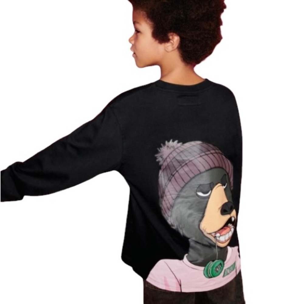 Zara Black‎ Long Sleeve Tee with Bear Graphic